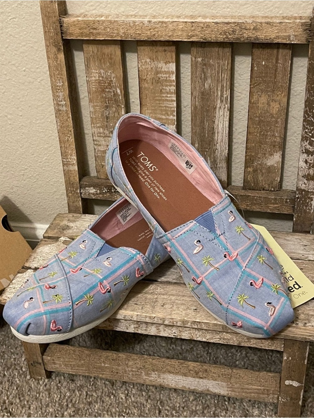 Toms Classic Blue Madras Embroidered Flamingos Women’s Slip On Shoes Sz 7